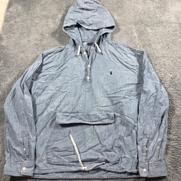 Polo Ralph Lauren Indigo Chambray Anorak Hoodie Pullover Button Drawstrings 2XL - Picture 2 of 7